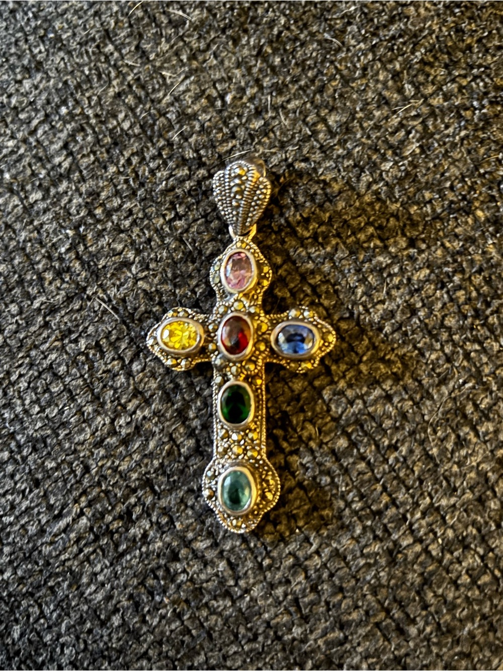 Marcasite Sterling Silver 925 Multicolor Gemstone Cross Pendant in Silver